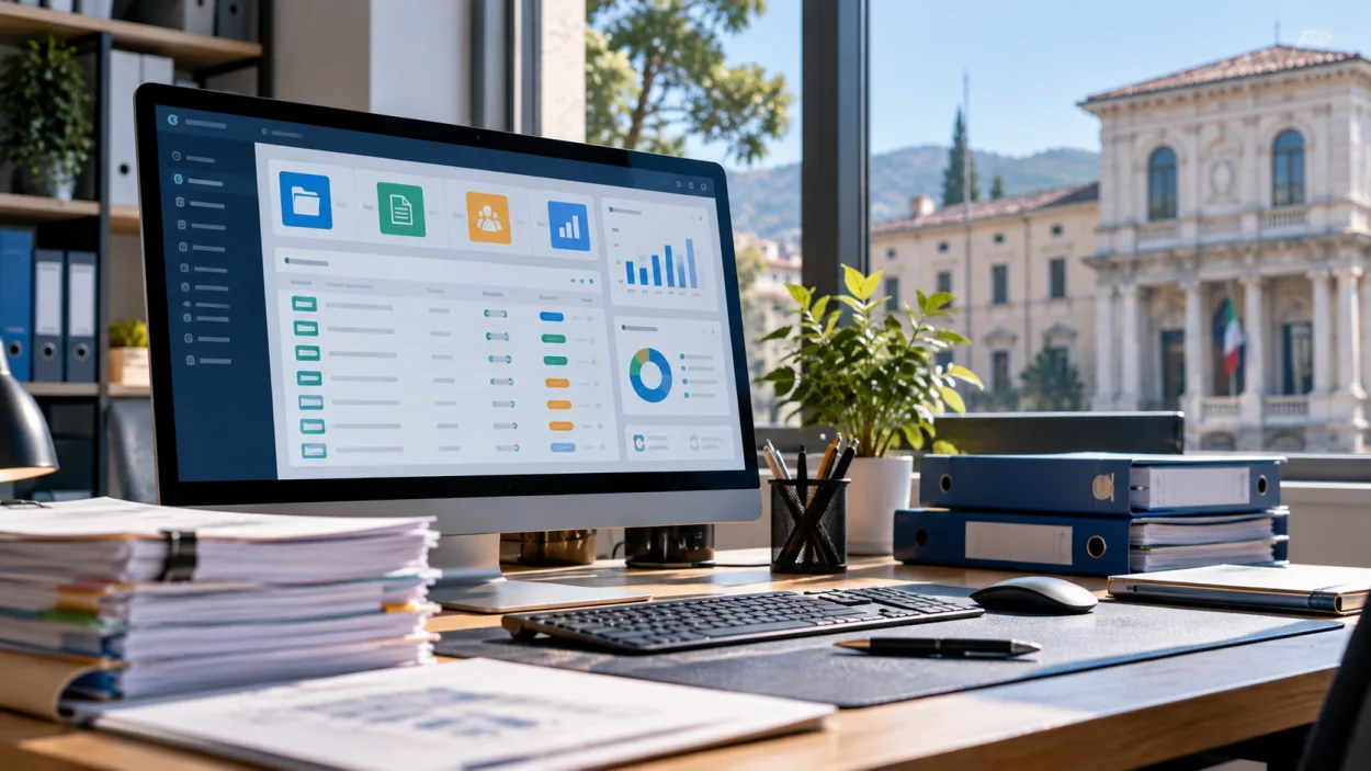 Monitor con piattaforma di gestione documentale in un ufficio luminoso davanti a un edificio istituzionale